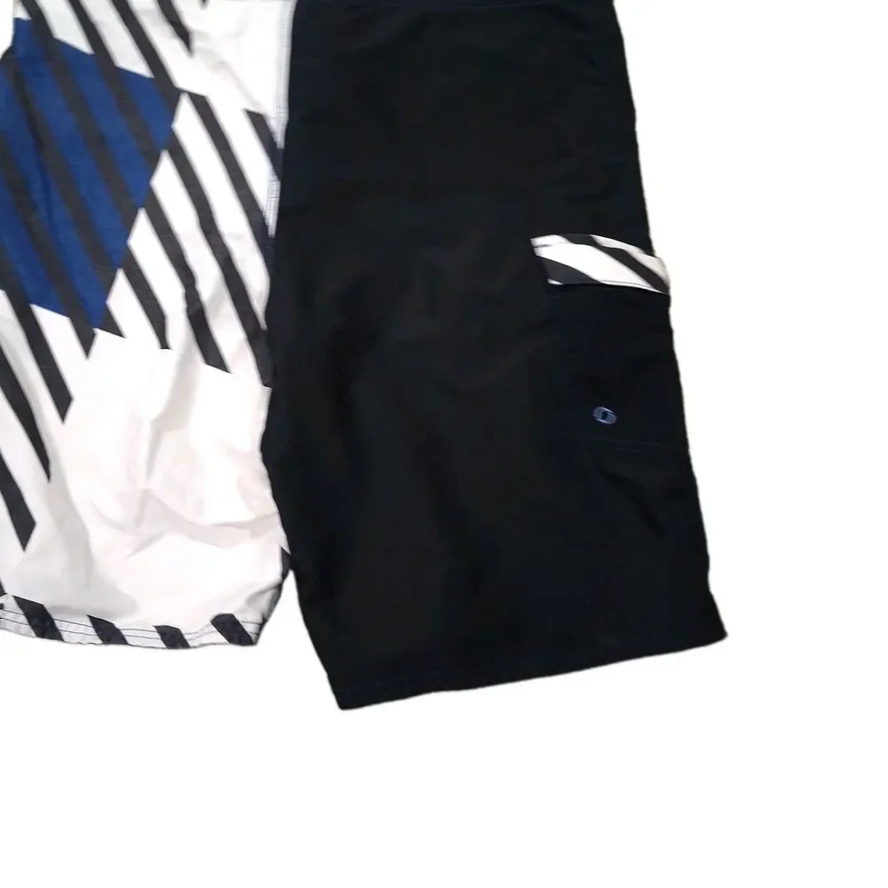 Ironman Triathlon Men's Board Shorts Size 34 Black Blue White Striped Swim...